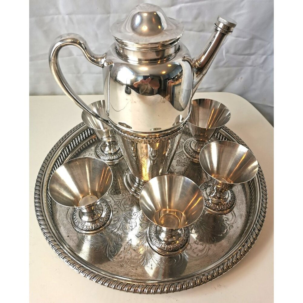 1847 Rogers Bros Silver Plated Wine Decanter Set with Goblets & Tray